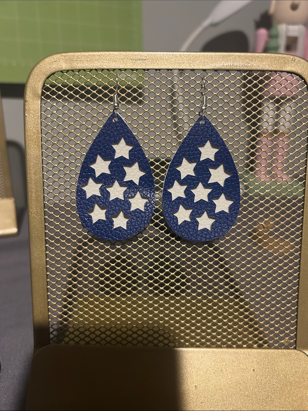 Blue Star Faux Leather Teardrop Earrings Lightweight Patriotic Statement Dangles